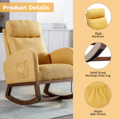 Rocking Chair, Modern Glider Chair, Recliner Armchair with Wood Legs and Side Pocket, Nursery Rocking Accent Chair with High Back for Living Room Bedroom (Yellow linen)-海智集-Default-