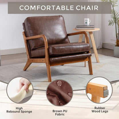 COOLMORE Mid Century Modern Accent Chair, Comfy Fabric Living Room Chairs with Solid Wood Frame, Lounge Reading Armchair, Easy Assembly (Brown PU)-海智集-Default-