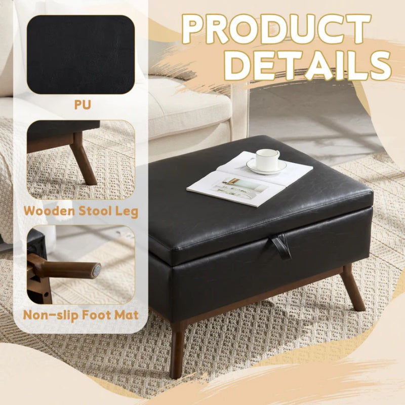 Mid-century modern square coffee table storage bench, assembled, suitable for living room, entryway and family room, used as a coffee table, stirrups, shoe bench-海智集-Default-