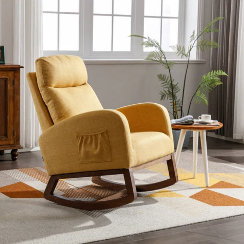 Rocking Chair, Modern Glider Chair, Recliner Armchair with Wood Legs and Side Pocket, Nursery Rocking Accent Chair with High Back for Living Room Bedroom (Yellow linen)-海智集-Default-