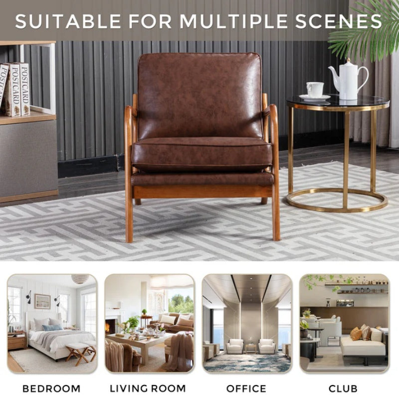 COOLMORE Mid Century Modern Accent Chair, Comfy Fabric Living Room Chairs with Solid Wood Frame, Lounge Reading Armchair, Easy Assembly (Brown PU)-海智集-Default-