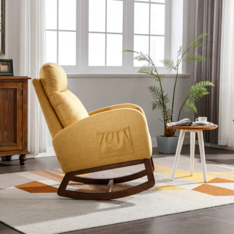 Rocking Chair, Modern Glider Chair, Recliner Armchair with Wood Legs and Side Pocket, Nursery Rocking Accent Chair with High Back for Living Room Bedroom (Yellow linen)-海智集-Default-