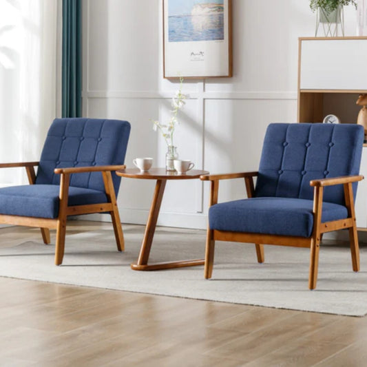 Accent Chairs Set of 2 with Side Table, Mid Century Modern Accent Chair, Wood and Fabric Armchairs Side Chair, Lounge Reading Comfy Arm Chair for Living Room, Bedroom, Office-海智集-Default-