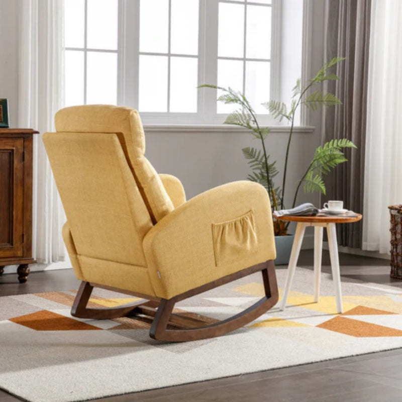Rocking Chair, Modern Glider Chair, Recliner Armchair with Wood Legs and Side Pocket, Nursery Rocking Accent Chair with High Back for Living Room Bedroom (Yellow linen)-海智集-Default-