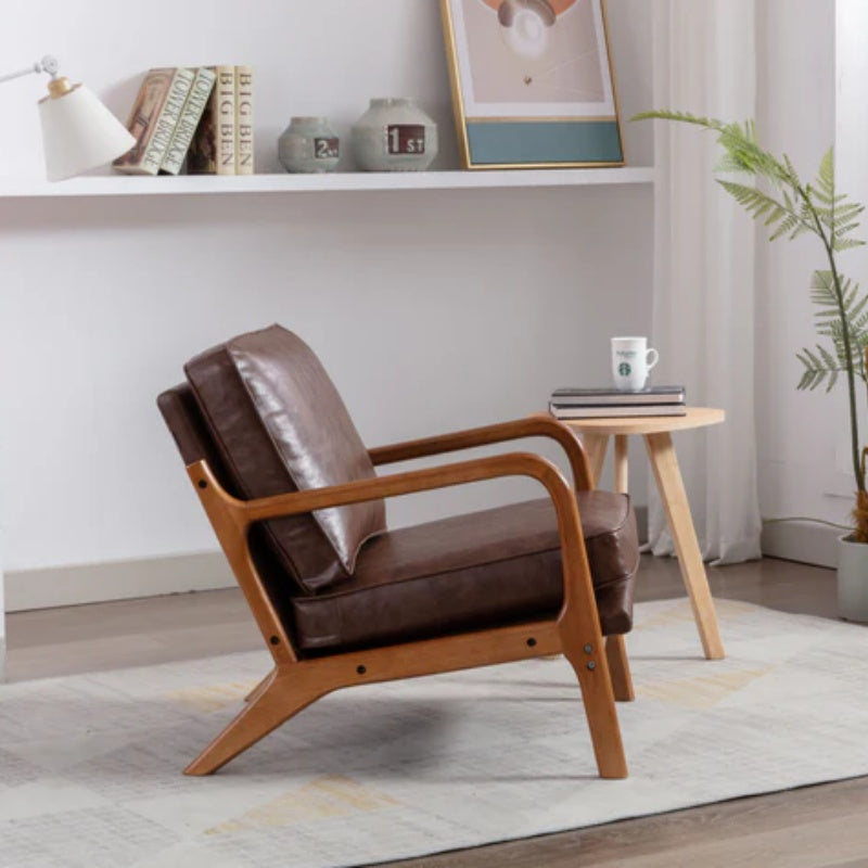 COOLMORE Mid Century Modern Accent Chair, Comfy Fabric Living Room Chairs with Solid Wood Frame, Lounge Reading Armchair, Easy Assembly (Brown PU)-海智集-Default-