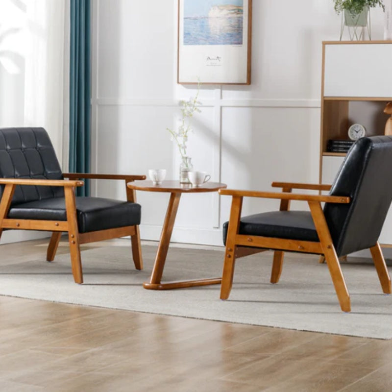 Accent Chairs Set of 2 with Side Table, Mid Century Modern Accent Chair, Wood and Fabric Armchairs Side Chair, Lounge Reading Comfy Arm Chair for Living Room, Bedroom, Office-海智集-Default-