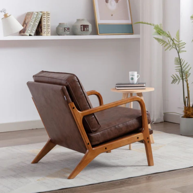 COOLMORE Mid Century Modern Accent Chair, Comfy Fabric Living Room Chairs with Solid Wood Frame, Lounge Reading Armchair, Easy Assembly (Brown PU)-海智集-Default-
