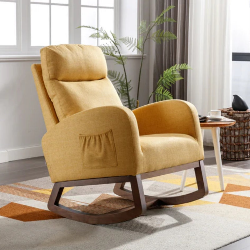Rocking Chair, Modern Glider Chair, Recliner Armchair with Wood Legs and Side Pocket, Nursery Rocking Accent Chair with High Back for Living Room Bedroom (Yellow linen)-海智集-Default-