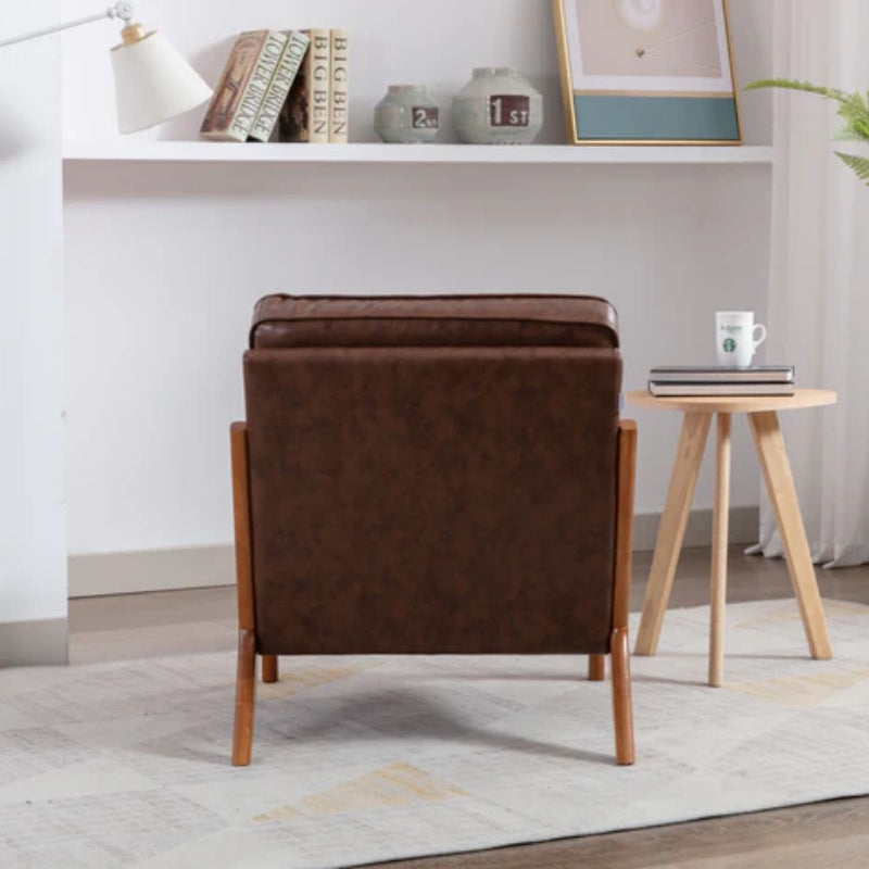 COOLMORE Mid Century Modern Accent Chair, Comfy Fabric Living Room Chairs with Solid Wood Frame, Lounge Reading Armchair, Easy Assembly (Brown PU)-海智集-Default-