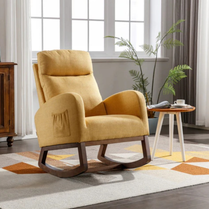 Rocking Chair, Modern Glider Chair, Recliner Armchair with Wood Legs and Side Pocket, Nursery Rocking Accent Chair with High Back for Living Room Bedroom (Yellow linen)-海智集-Default-