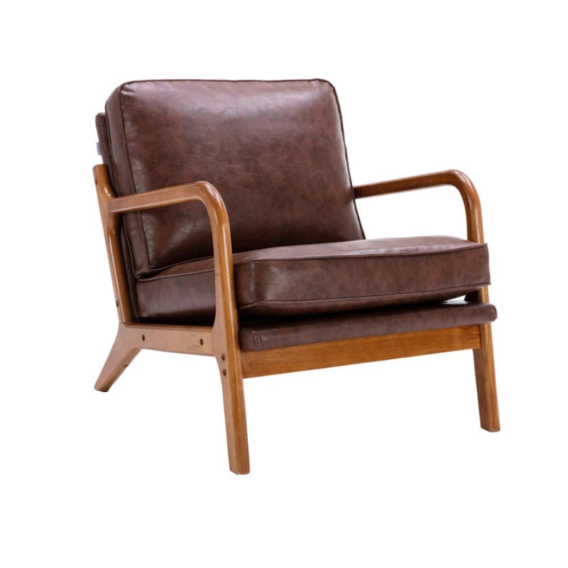 COOLMORE Mid Century Modern Accent Chair, Comfy Fabric Living Room Chairs with Solid Wood Frame, Lounge Reading Armchair, Easy Assembly (Brown PU)-海智集-Default-