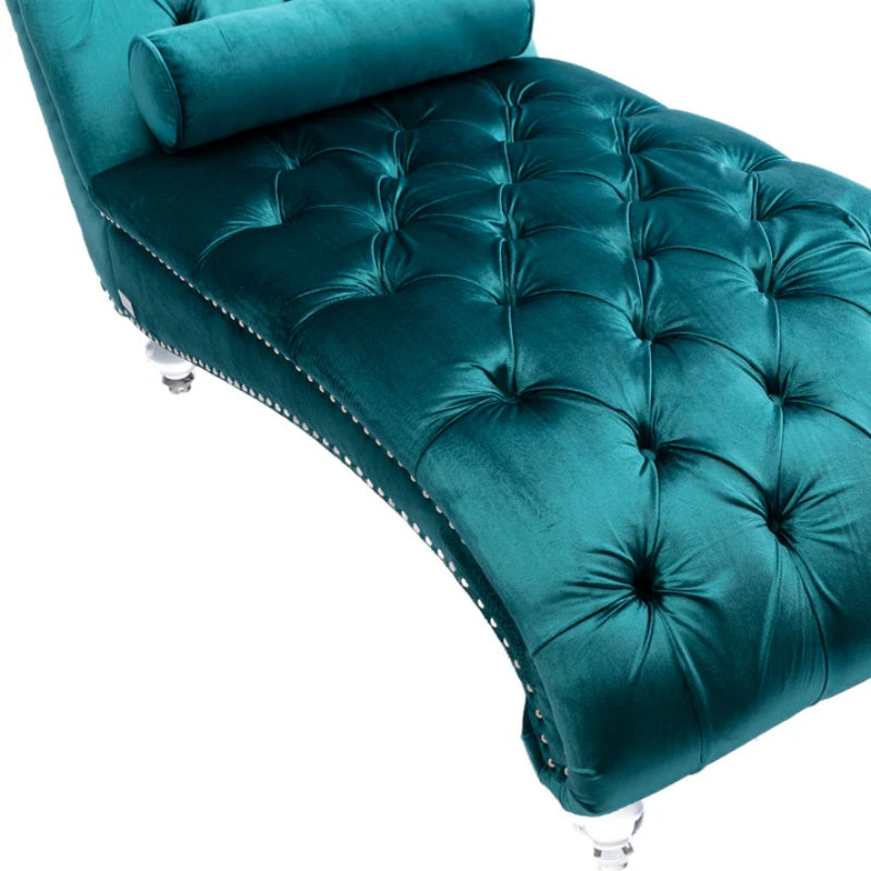 Velvet Chaise Lounge Indoor, Button-Tufted Upholstered Chaise Lounge Chair with Pillow, Teal Velvet, 63.38 inch-海智集-Default-