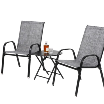 3 Piece Patio set, Outdoor Camping Chairs with Breathable Textilene Fabric, folding table with steel table top, 2chairs and 1table set ( Grey)-海智集-Default-