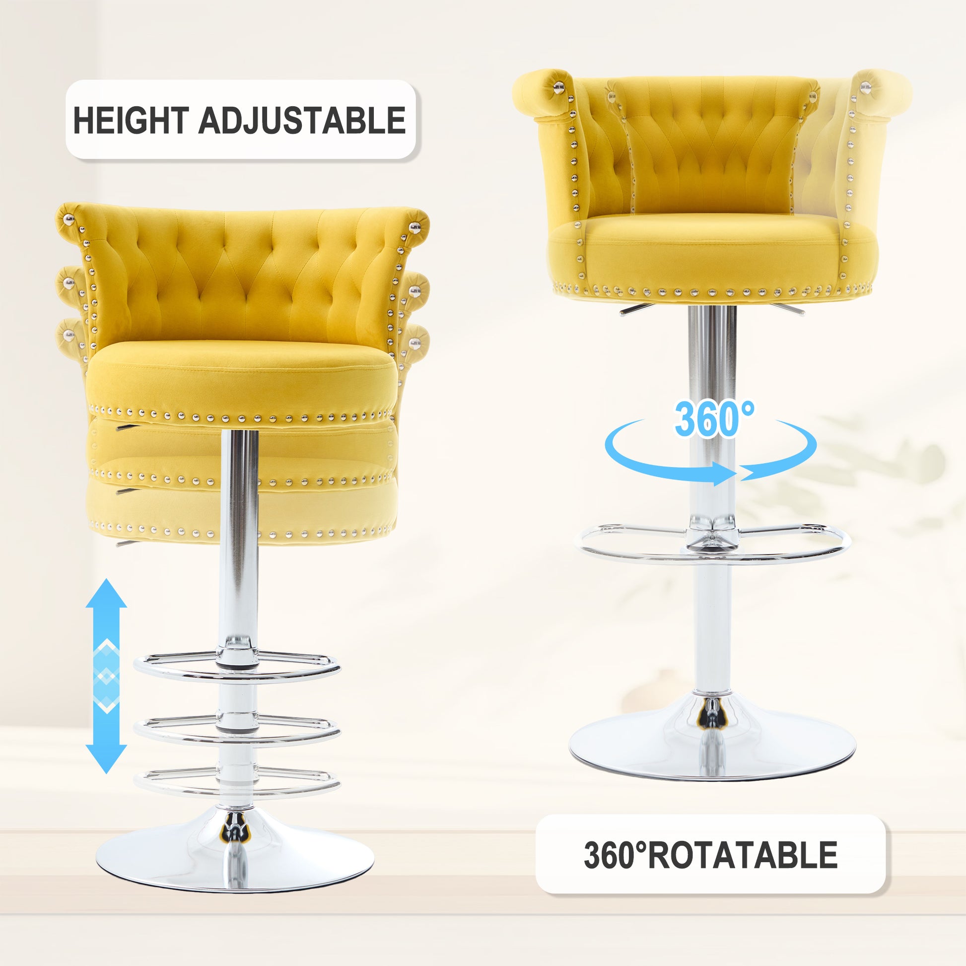 COOLMORE Velvet Bar Stool Set of 2, Adjustable Swivel Bar Stools with Silver Plated Metal Leg, Chrome Nailhead, Counter Height Chair for Kitchen,Dining Room-海智集-Default-