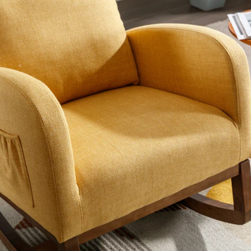 Rocking Chair, Modern Glider Chair, Recliner Armchair with Wood Legs and Side Pocket, Nursery Rocking Accent Chair with High Back for Living Room Bedroom (Yellow linen)-海智集-Default-