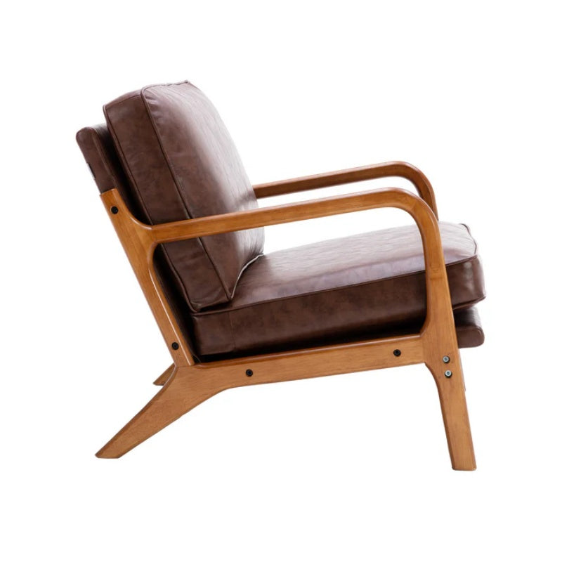COOLMORE Mid Century Modern Accent Chair, Comfy Fabric Living Room Chairs with Solid Wood Frame, Lounge Reading Armchair, Easy Assembly (Brown PU)-海智集-Default-
