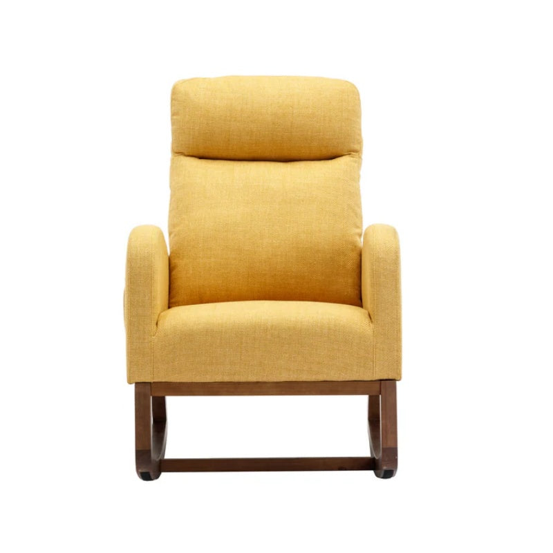 Rocking Chair, Modern Glider Chair, Recliner Armchair with Wood Legs and Side Pocket, Nursery Rocking Accent Chair with High Back for Living Room Bedroom (Yellow linen)-海智集-Default-