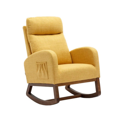 Rocking Chair, Modern Glider Chair, Recliner Armchair with Wood Legs and Side Pocket, Nursery Rocking Accent Chair with High Back for Living Room Bedroom (Yellow linen)-海智集-Default-