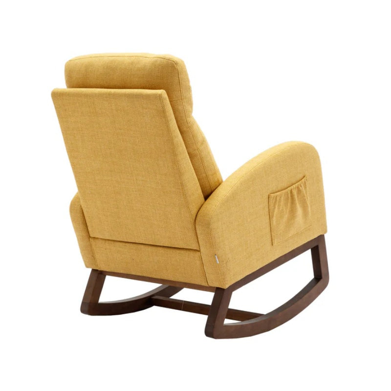 Rocking Chair, Modern Glider Chair, Recliner Armchair with Wood Legs and Side Pocket, Nursery Rocking Accent Chair with High Back for Living Room Bedroom (Yellow linen)-海智集-Default-