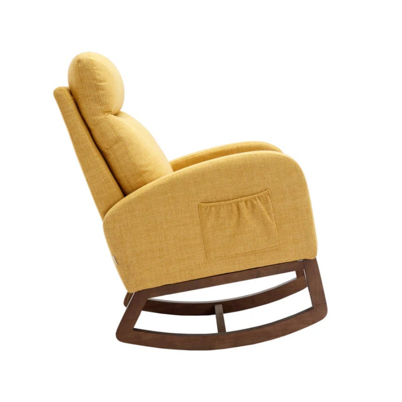 Rocking Chair, Modern Glider Chair, Recliner Armchair with Wood Legs and Side Pocket, Nursery Rocking Accent Chair with High Back for Living Room Bedroom (Yellow linen)-海智集-Default-