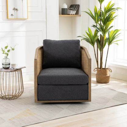 Comfy Swivel Barrel Chair, Round Accent Sofa for Living Room, 360 Degree Leisure Arm Chair, Carbon Black Boucle-海智集-Default-