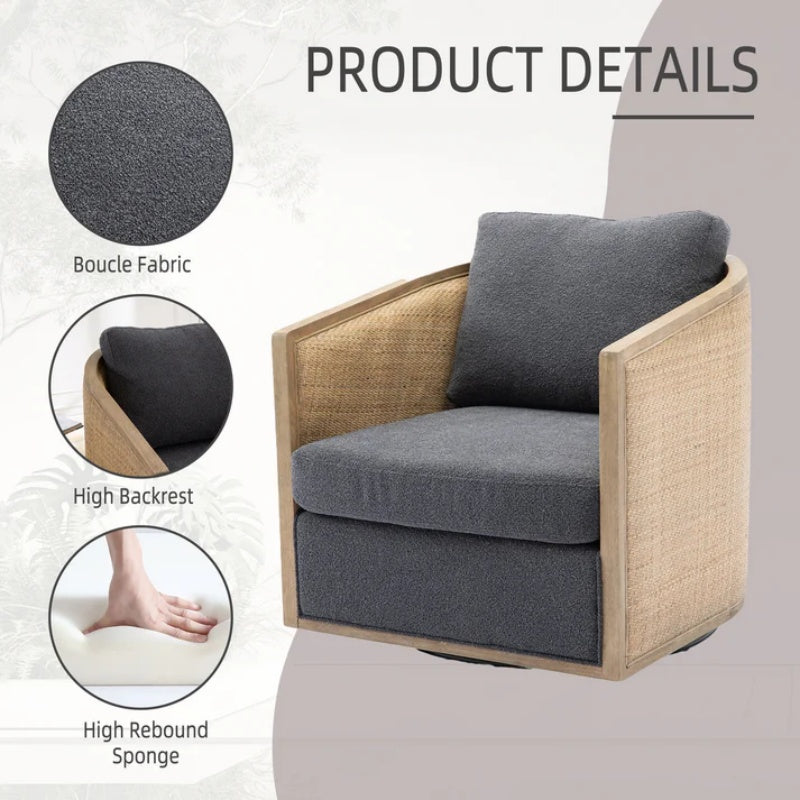 Comfy Swivel Barrel Chair, Round Accent Sofa for Living Room, 360 Degree Leisure Arm Chair, Carbon Black Boucle-海智集-Default-