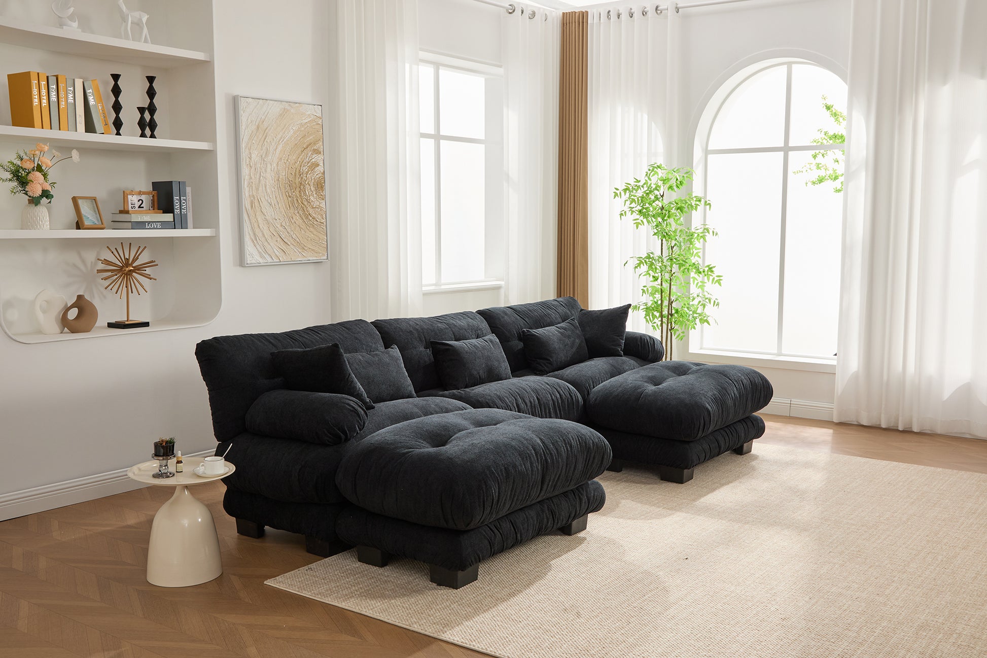 UNITED WE WIN Pelletized velvet U Shape Cloud Couch with 2 Ottomans,Free Combined 3 Seater Comfy Sofa with Bolster Armrest Pillows, sofa for Living Room-海智集-Default-