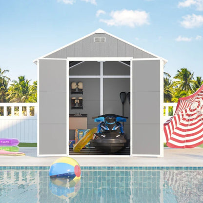 Campcraft 8*8ft resin storage shed, high quality pp material, strong structure, waterproof, rust and UV proof, large storage space, 12mm thick pp board, HD window lighting-海智集-Default-