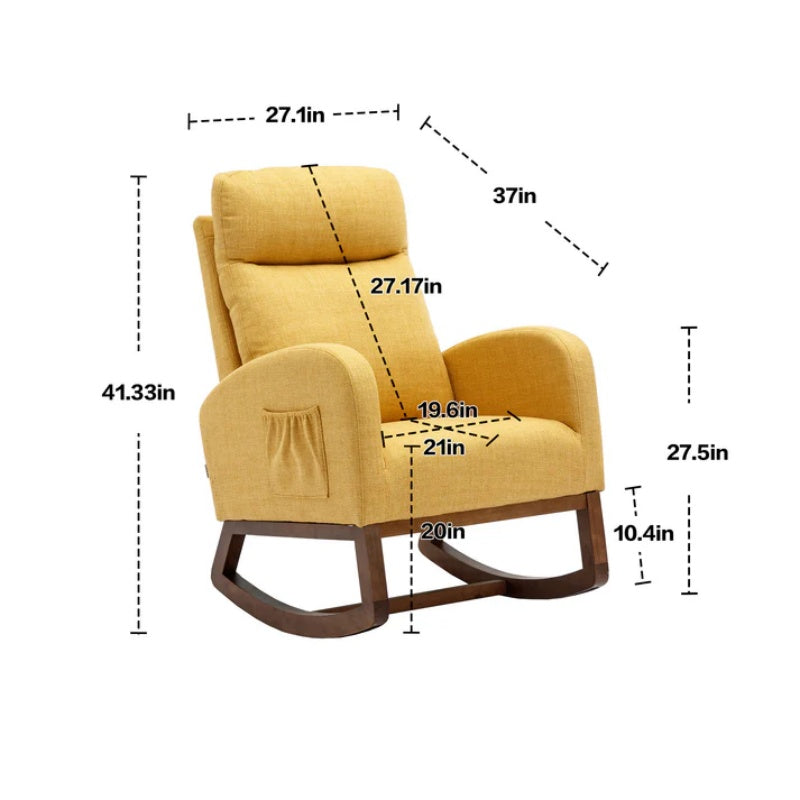 Rocking Chair, Modern Glider Chair, Recliner Armchair with Wood Legs and Side Pocket, Nursery Rocking Accent Chair with High Back for Living Room Bedroom (Yellow linen)-海智集-Default-
