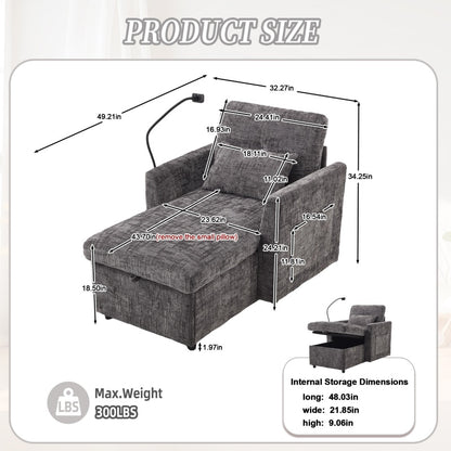 Multifunctional Recliner with Storage Backrest and Cell Phone Bracket in Gray Chenille for Living Room and Bedroom-海智集-Default-
