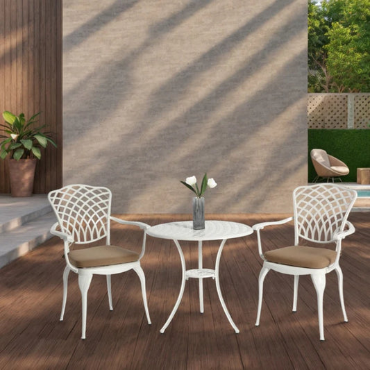 3 Piece Patio Bistro Set Cast Aluminum Bistro Table and Chairs Set of 2 with Umbrella Hole,All Weather Metal Bistro Table Set,Outdoor Patio Furniture Set for Garden with cushion White-海智集-Default-