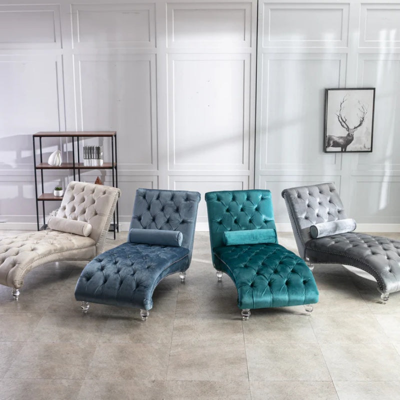 Velvet Chaise Lounge Indoor, Button-Tufted Upholstered Chaise Lounge Chair with Pillow, Teal Velvet, 63.38 inch-海智集-Default-