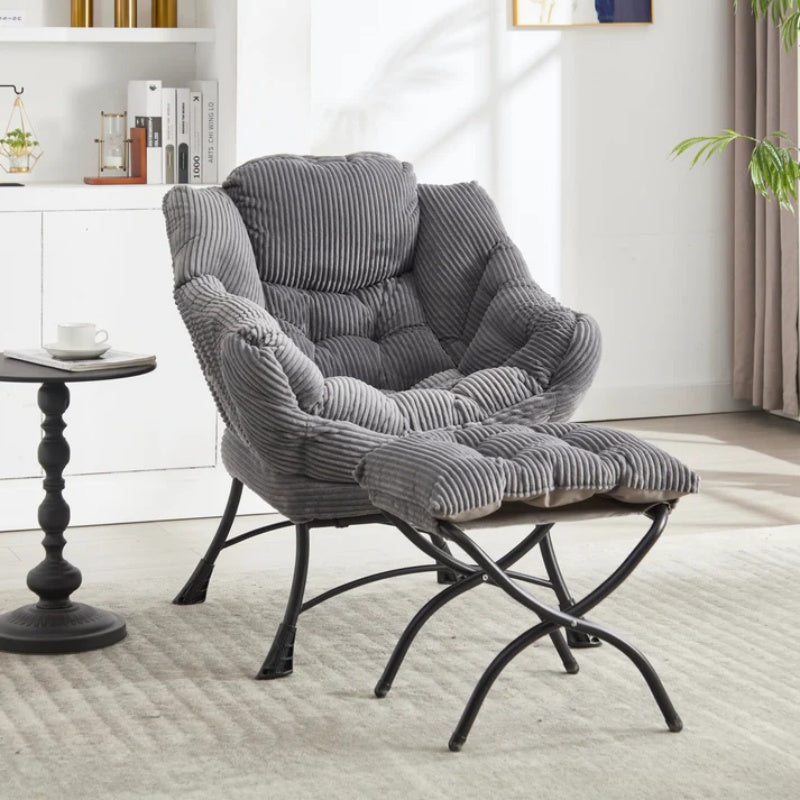 Lazy Chair with Ottoman, Modern Lounge Accent Chair with Armrests and a Side Pocket, Leisure Upholstered Sofa Chair Reading Chair with Footrest for Small Space, Corner Chair-Grey-海智集-Default-