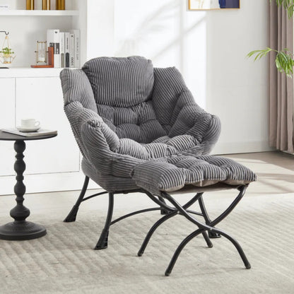 Lazy Chair with Ottoman, Modern Lounge Accent Chair with Armrests and a Side Pocket, Leisure Upholstered Sofa Chair Reading Chair with Footrest for Small Space, Corner Chair-Grey-海智集-Default-