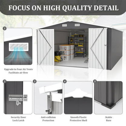 Campcraft Outdoor Storage Shed 10×14 FT with 3 Lockable Doors,Utility Tool Shed Metal Storage Garden Sheds Frame and 4 Vents,for Backyard,Patio,Lawn,dark Grey-海智集-Default-