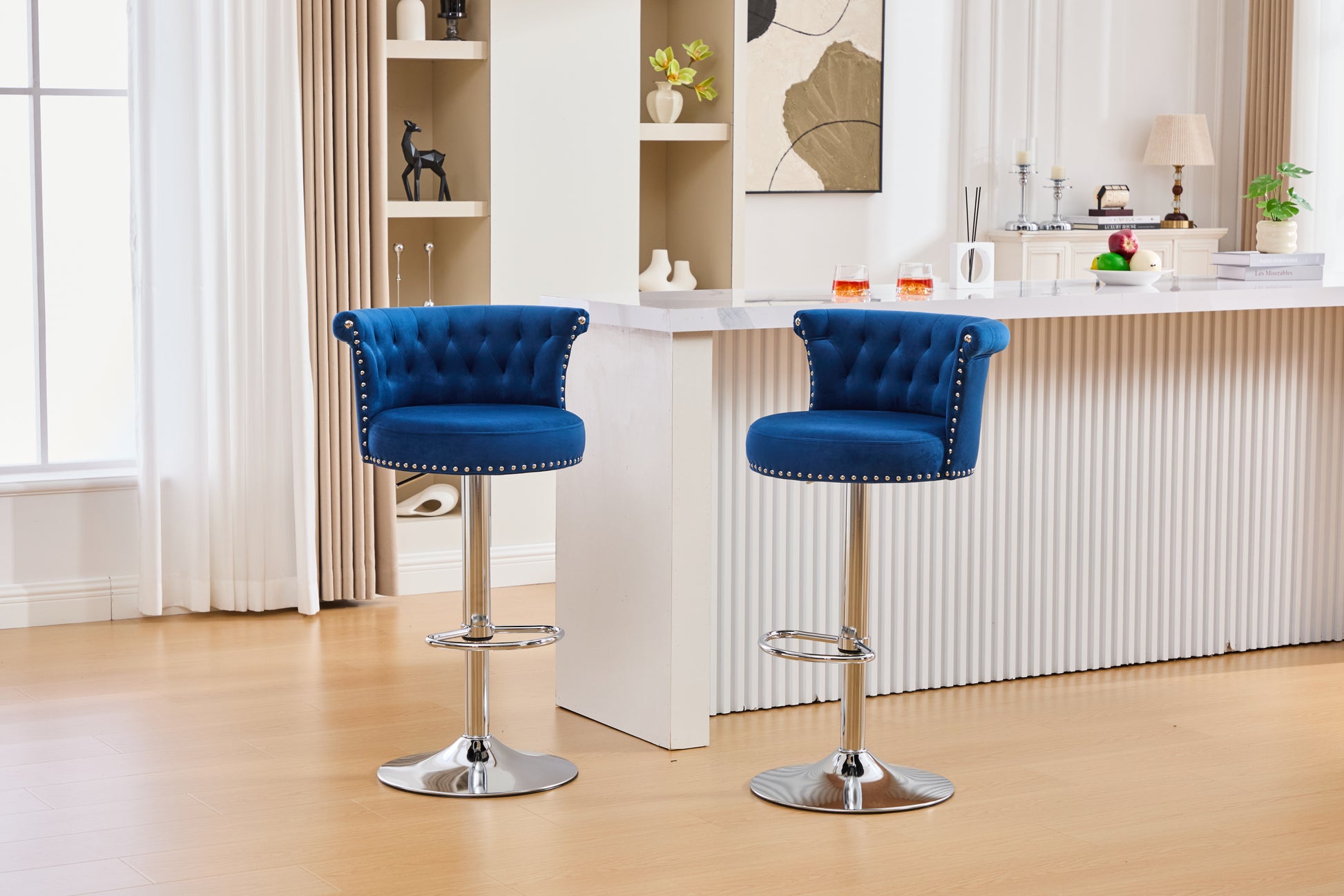 COOLMORE Velvet Bar Stool Set of 2, Adjustable Swivel Bar Stools with Silver Plated Metal Leg, Chrome Nailhead, Counter Height Chair for Kitchen,Dining Room-海智集-Default-