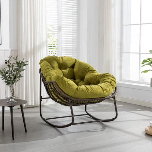 Outdoor Rattan Rocking Chair,Padded Cushion Rocker Recliner Chair Outdoor for Front Porch, Living Room, Patio, Garden, Olive Green-海智集-Default-
