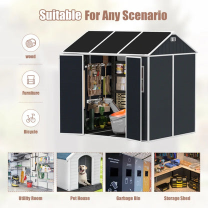 8*7ft Outdoor Storage Shed, Outdoor Resin Shed with Two-Window and Double-Door, Plastic Shed with Floor for Garden, Patio, Yard, Lawn (Dark Gray)-海智集-Default-