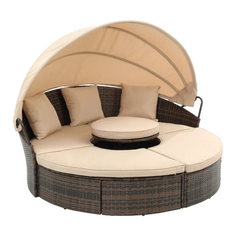 Hot Sale KD Rattan Round Lounge With Canopy Bali Canopy Bed Outdoor, Wicker Outdoor Sofa Bed with lift coffee table-海智集-Default-