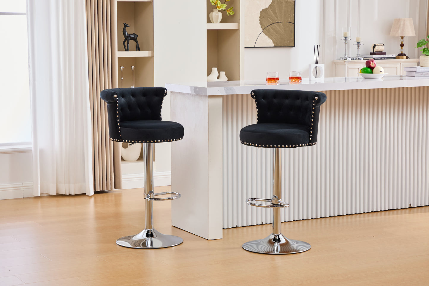 COOLMORE Velvet Bar Stool Set of 2, Adjustable Swivel Bar Stools with Silver Plated Metal Leg, Chrome Nailhead, Counter Height Chair for Kitchen,Dining Room-海智集-Default-