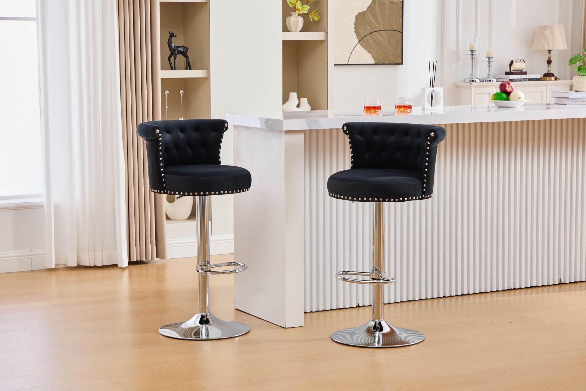 COOLMORE Velvet Bar Stool Set of 2, Adjustable Swivel Bar Stools with Silver Plated Metal Leg, Chrome Nailhead, Counter Height Chair for Kitchen,Dining Room-海智集-Default-