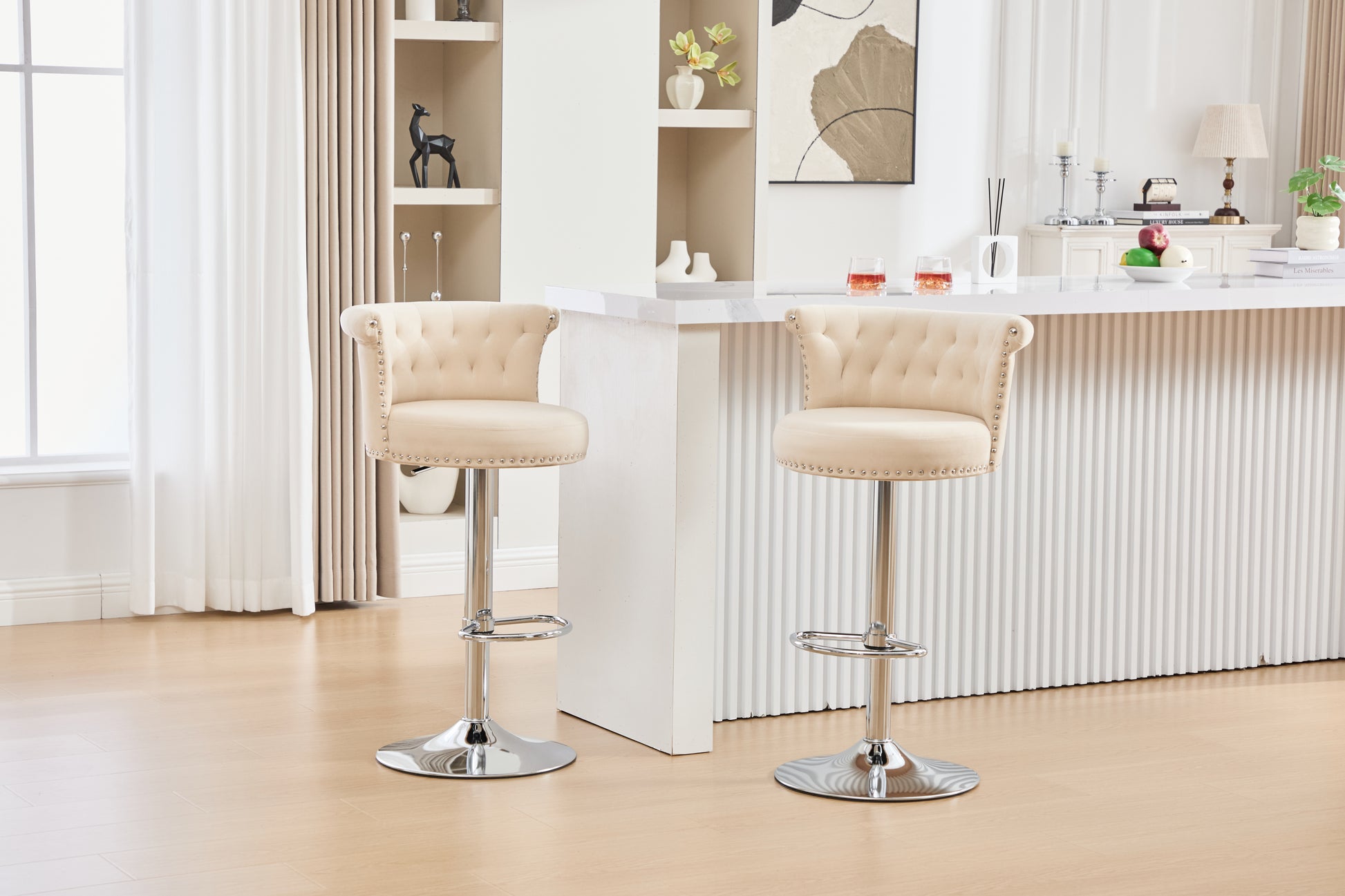 COOLMORE Velvet Bar Stool Set of 2, Adjustable Swivel Bar Stools with Silver Plated Metal Leg, Chrome Nailhead, Counter Height Chair for Kitchen,Dining Room-海智集-Default-