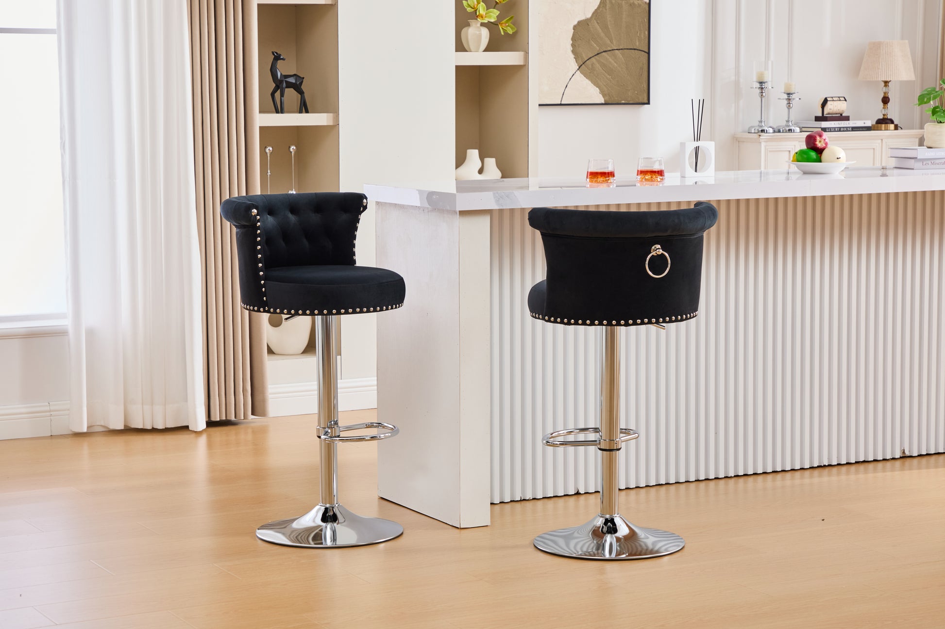 COOLMORE Velvet Bar Stool Set of 2, Adjustable Swivel Bar Stools with Silver Plated Metal Leg, Chrome Nailhead, Counter Height Chair for Kitchen,Dining Room-海智集-Default-