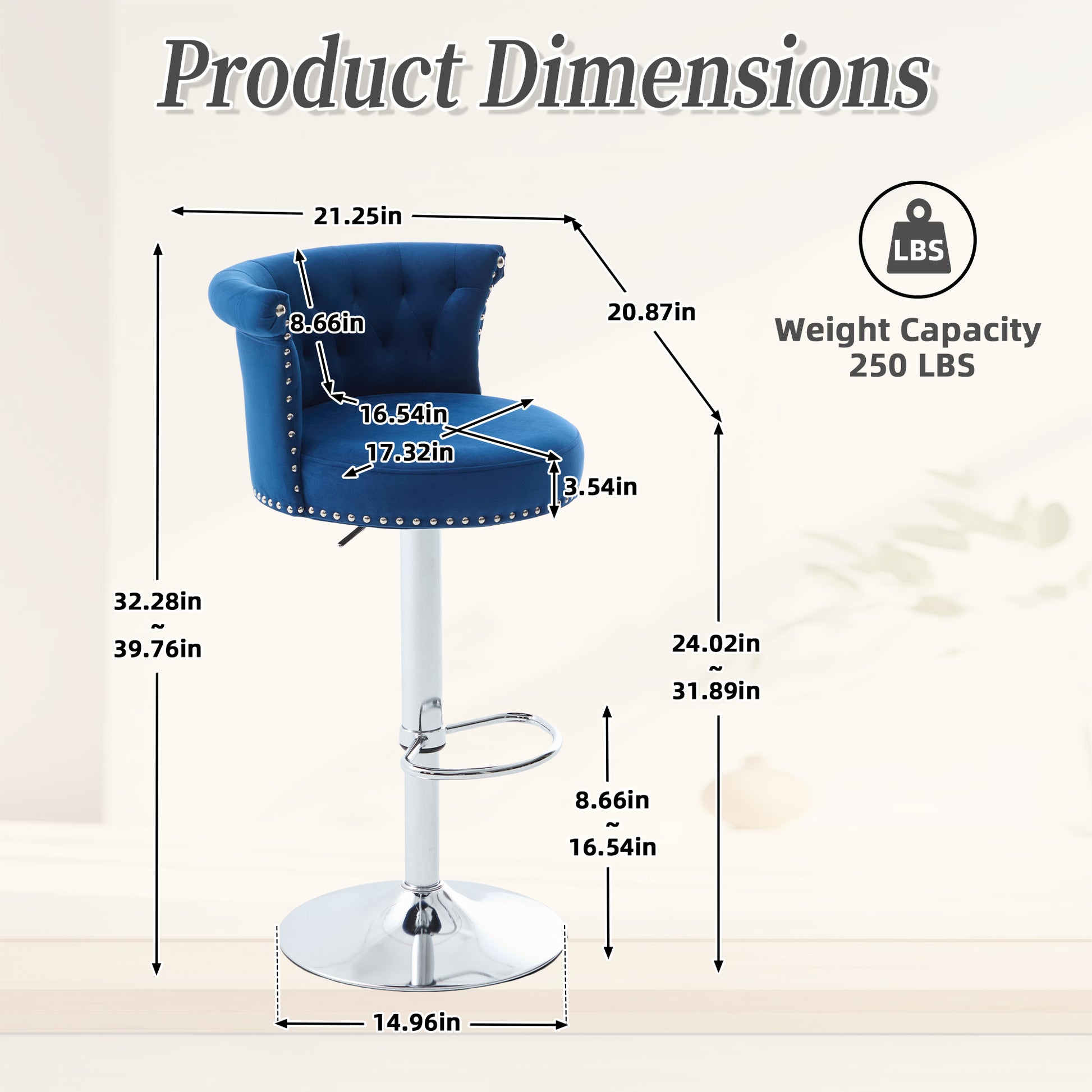 COOLMORE Velvet Bar Stool Set of 2, Adjustable Swivel Bar Stools with Silver Plated Metal Leg, Chrome Nailhead, Counter Height Chair for Kitchen,Dining Room-海智集-Default-