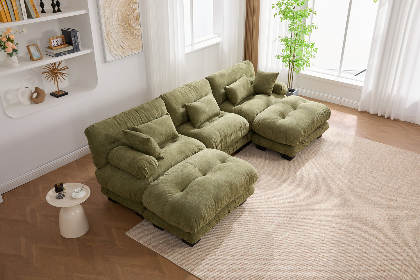 UNITED WE WIN Pelletized velvet U Shape Cloud Couch with 2 Ottomans,Free Combined 3 Seater Comfy Sofa with Bolster Armrest Pillows, sofa for Living Room-海智集-Default-