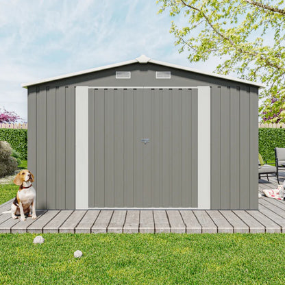 Campcraft Outdoor Storage Shed 10×14 FT with 3 Lockable Doors,Utility Tool Shed Metal Storage Garden Sheds Frame and 4 Vents,for Backyard,Patio,Lawn,Light Grey-海智集-Default-