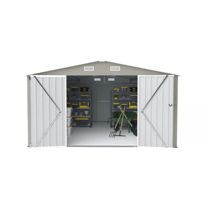 Campcraft Outdoor Storage Shed 10×14 FT with 3 Lockable Doors,Utility Tool Shed Metal Storage Garden Sheds Frame and 4 Vents,for Backyard,Patio,Lawn,Light Grey-海智集-Default-