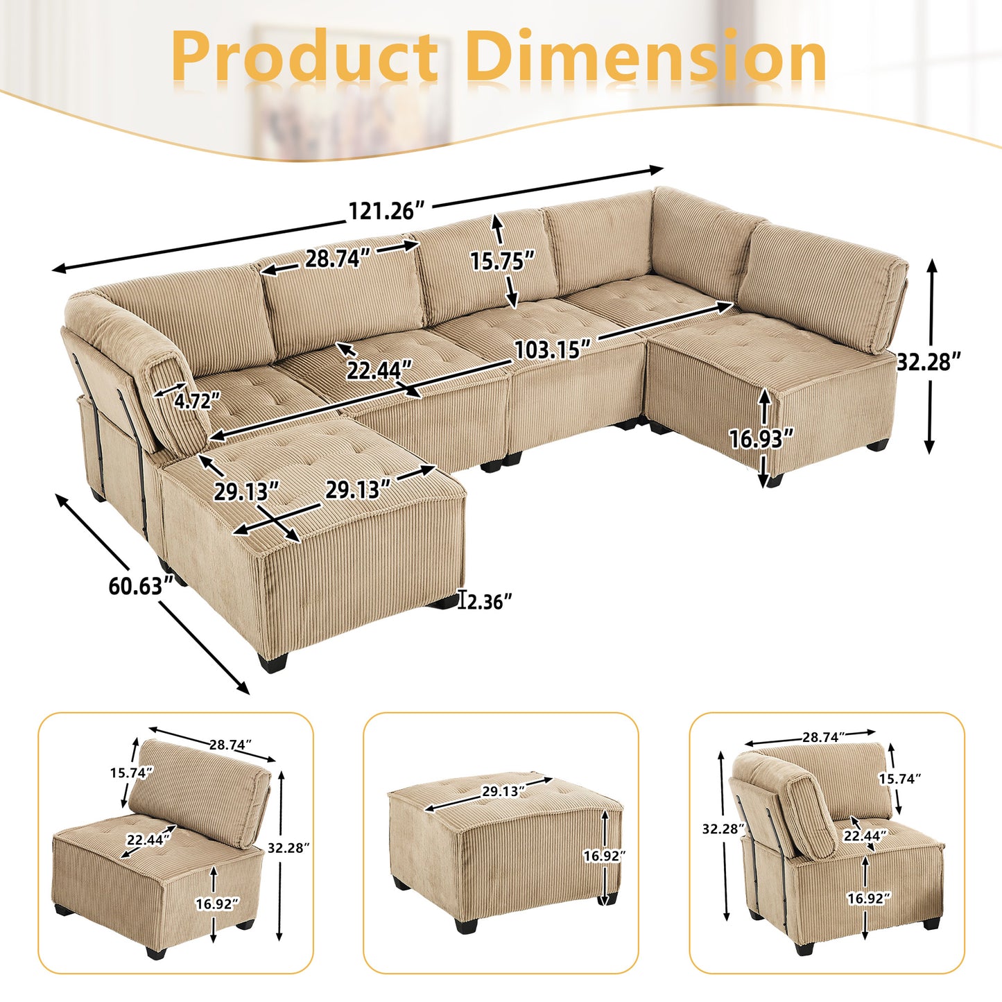 UNITED WE WIN Modular Sectional Sofa U Shaped Modular Couch with Reversible Chaise Modular Sofa Sectional Couch,6- Seat Convertible Sofa,Fit for Living Room-海智集-Default-