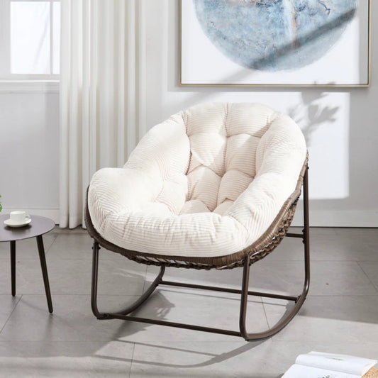 Outdoor Rattan Rocking Chair,Padded Cushion Rocker Recliner Chair Outdoor for Front Porch, Living Room, Patio, Garden, White-海智集-Default-