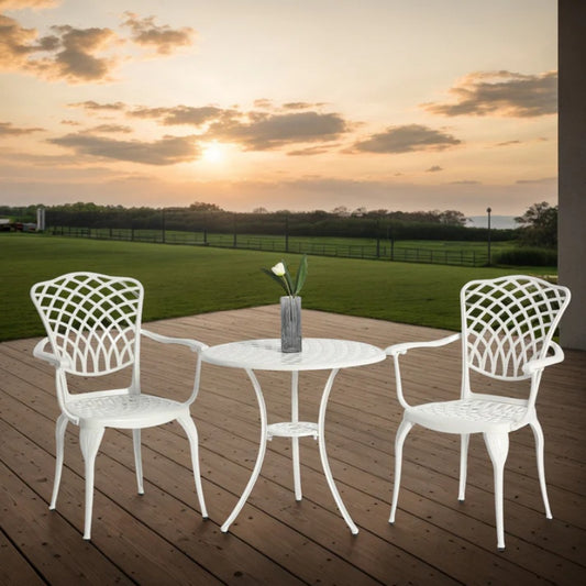 3 Piece Patio Bistro Set Cast Aluminum Bistro Table and Chairs Set of 2 with Umbrella Hole,All Weather Metal Bistro Table Set,Outdoor Patio Furniture Set for Garden White-海智集-Default-